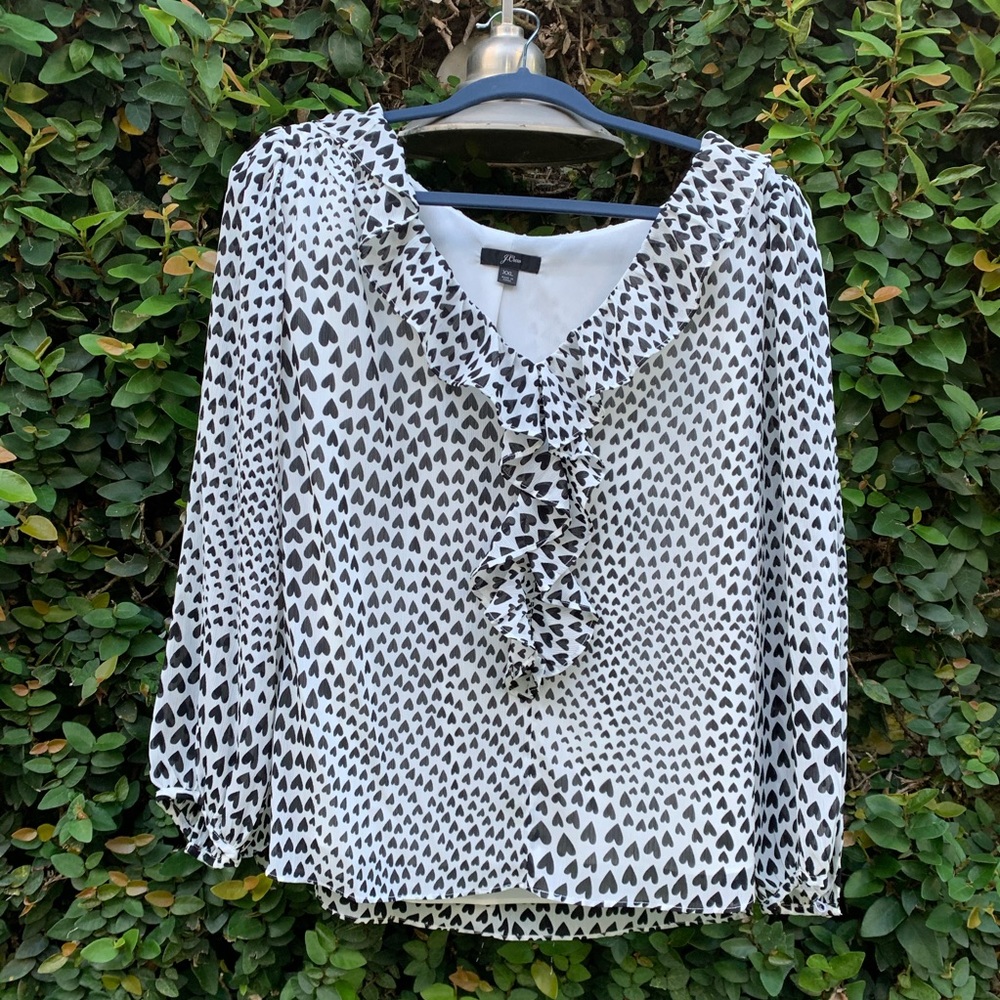 J. Crew Ruffle Trim V Neck Heart Print